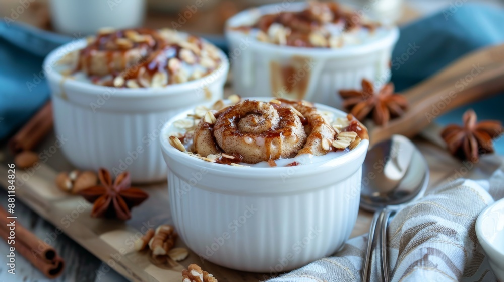 Creamy Rice Pudding with Shaved Chocolate and Almond Toppings. Cinnamon Roll Baked Oatmeal Creamy Rice Pudding with Shaved Chocolate and Almond Toppings. Cinnamon Roll Baked Oatmeal