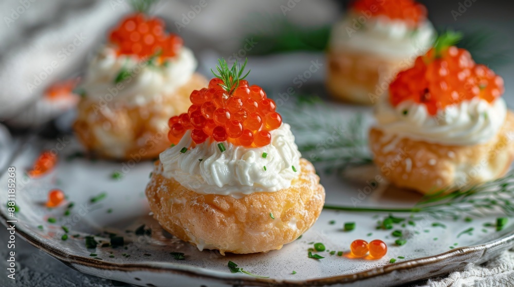 Gourmet Mini Tartlets with Caviar and Cream on Elegant Plate Gourmet Mini Tartlets with Caviar and Cream on Elegant Plate