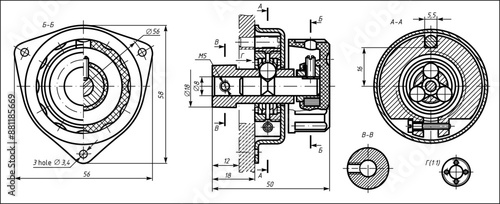 Vector drawing of a steel mechanical part with through holes and dimension lines. Engineering cad scheme. Technical template.