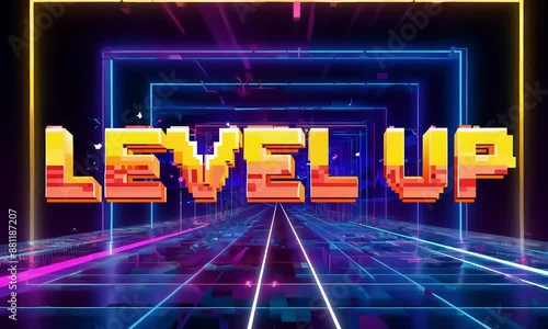 A 'Level Up' message, is displayed on a digital screen. The text is bold and colorful, designed in 8-bit graphics (mov) photo