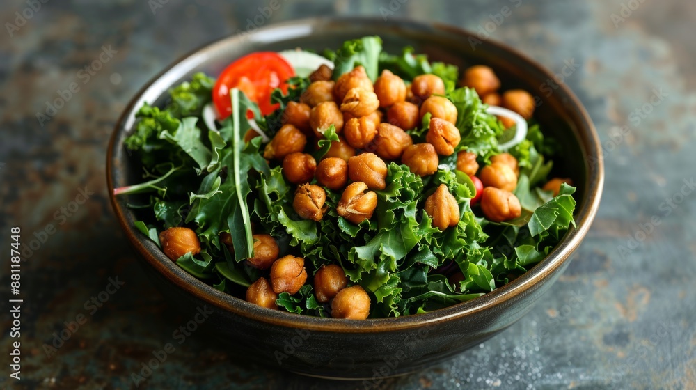 Kale Salad with Crispy Chickpeas. Kale and roasted chickpeas salad with cherry tomatoes. Kale Salad with Crispy Chickpeas. Kale and roasted chickpeas salad with cherry tomatoes.