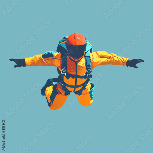 A skydiver wearing an orange suit and helmet is captured mid-free fall against a blue sky background.