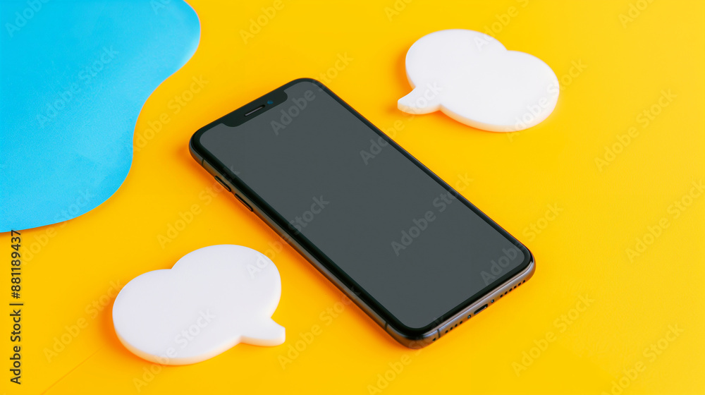Modern Smartphone on Yellow Background with Speech Bubbles. Communication and Tech Accessories Modern Smartphone on Yellow Background with Speech Bubbles. Communication and Tech Accessories