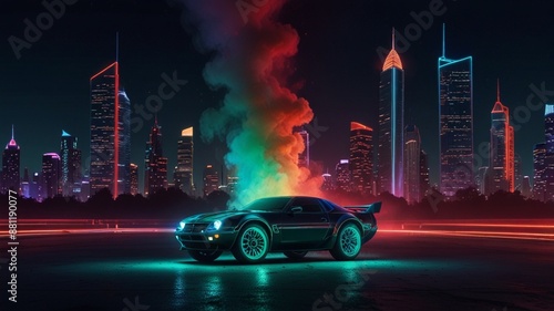 This digital artwork shows a sporty, black sports automobile with blue and green neon underglow lights. The car is positioned on a wet, shiny surface in the centre of the frame, and a colourful cloud. photo