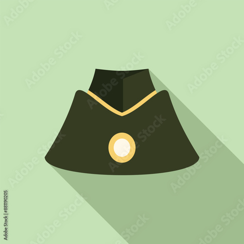 Green military garrison cap with yellow piping and cockade casting a long shadow on a green background