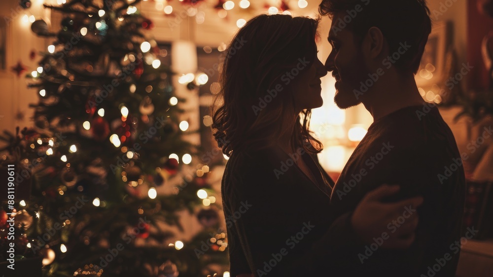 Couple embracing by Christmas tree with festive lights Dimly lit, cozy ambiance Couple embracing by Christmas tree with festive lights Dimly lit, cozy ambiance