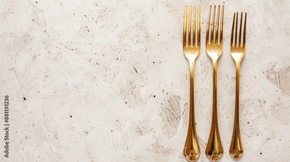 Three gold forks on textured, white marble surface Three gold forks on textured, white marble surface