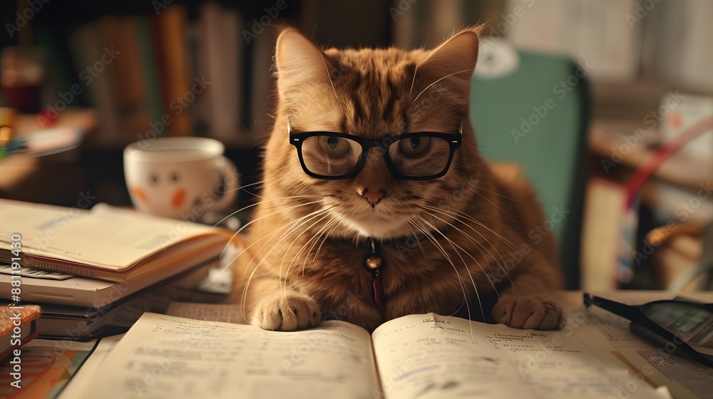 Cat Wearing Glasses and Studying: A cat wearing glasses, sitting at a desk cluttered with textbooks and notes, appearing deep in study.
Cat Wearing Glasses and Studying: A cat wearing glasses, sitting at a desk cluttered with textbooks and notes, appearing deep in study.