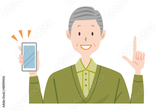 スマホを持って説明するシニア男性のイラスト　高齢者