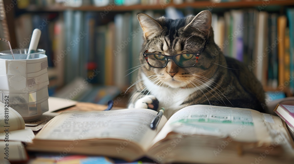 Cat Wearing Glasses and Studying: A cat wearing glasses, sitting at a desk cluttered with textbooks and notes, appearing deep in study.
Cat Wearing Glasses and Studying: A cat wearing glasses, sitting at a desk cluttered with textbooks and notes, appearing deep in study.