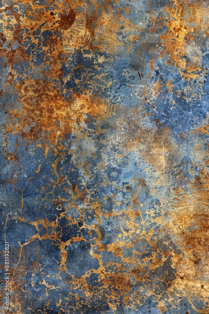 Abstract background wallpaper, rusted metal with blue and gold streaks, creating an abstract pattern. The texture is detailed, giving the impression that it has been weathered over time. Abstract background wallpaper, rusted metal with blue and gold streaks, creating an abstract pattern. The texture is detailed, giving the impression that it has been weathered over time.