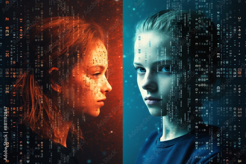 Artistic representation of digital identity person with glitch effects on red and blue background Artistic representation of digital identity person with glitch effects on red and blue background