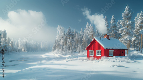 Beautiful red house is surrounded by dense pine forests