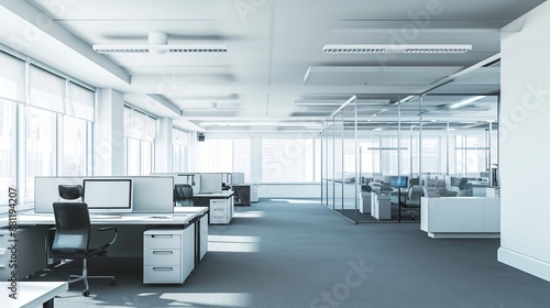 Modern office interior with minimalist workstations, Business Interior Design, work place.