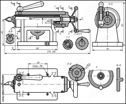 Assembly drawing of turning machine (lathe).
Vector drawing of steel mechanical device with shaft, gear, 
electric engine, wheel and dimension lines.
Engineering cad scheme. Technical template.