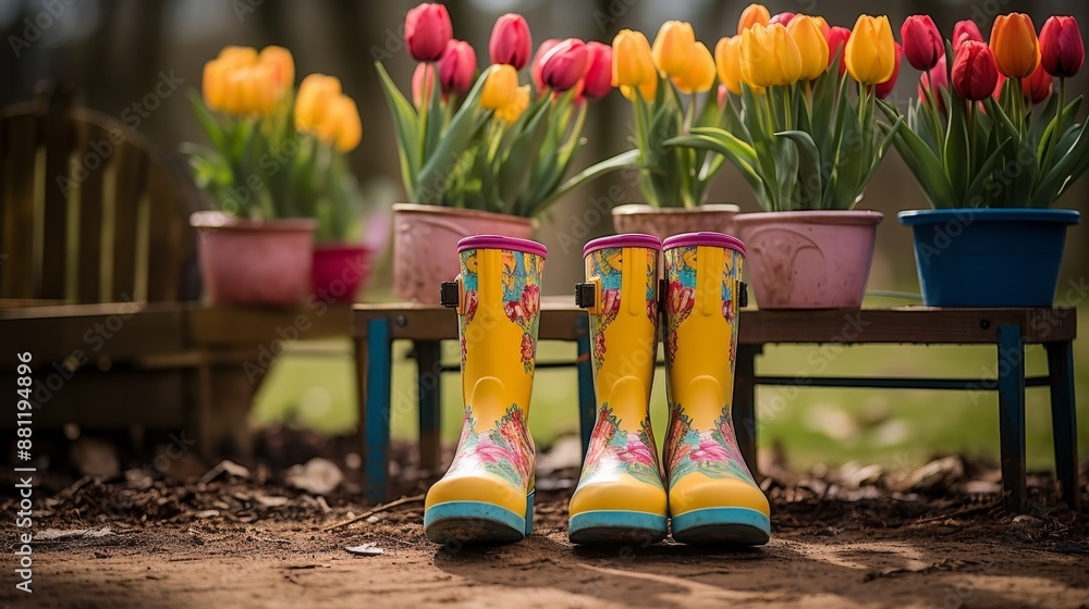 Fototapeta premium Yellow rubber boots surrounded by garden flowers on wooden deck, spring gardening concept