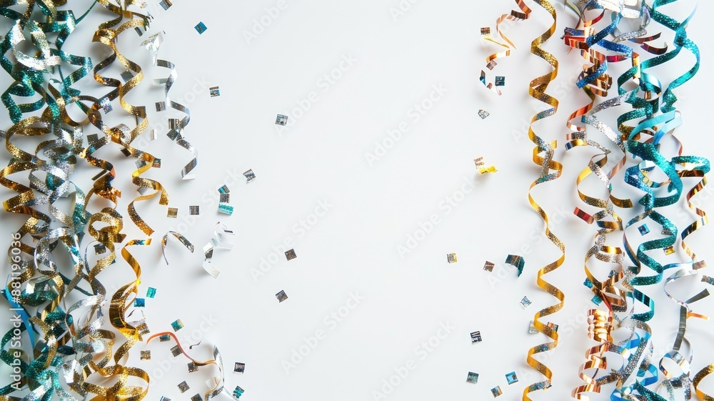 Fototapeta premium Colorful ribbons and confetti on white background