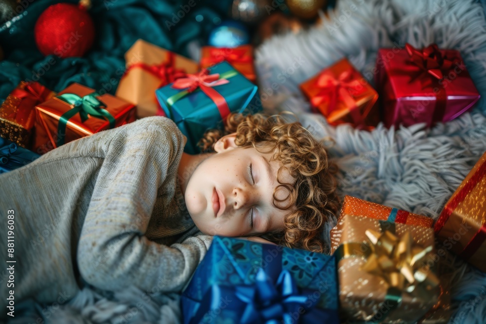 Curly-haired boy is peacefully sleeping wrapped small cozy dreams. Small curly-haired boy peacefully sleeps lost colorful dream. Serene innocence of childhood depicted quiet restful moment. Curly-haired boy is peacefully sleeping wrapped small cozy dreams. Small curly-haired boy peacefully sleeps lost colorful dream. Serene innocence of childhood depicted quiet restful moment.