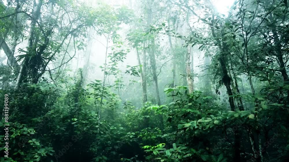 Drone shot of dense foggy tropical forest Drone shot of dense foggy tropical forest