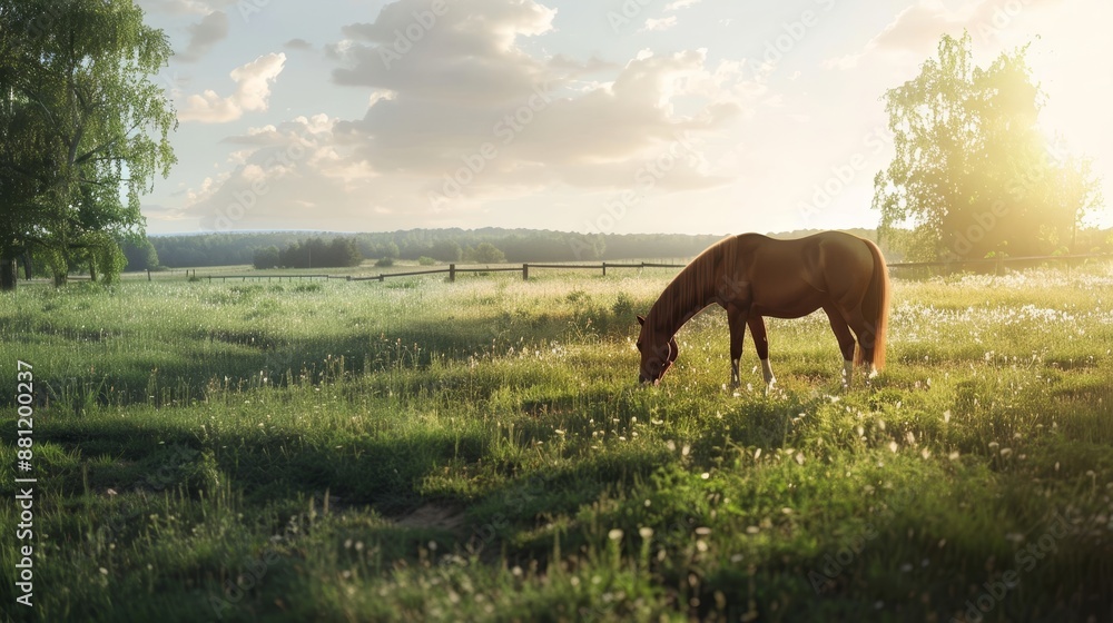 A wide shot of a horse grazing in a field. A wide shot of a horse grazing in a field.