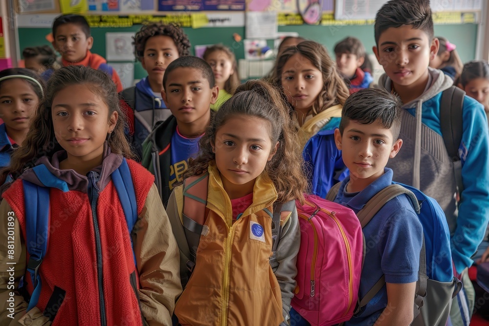 A diverse group of children, each with uniquely colored backpacks, posing happily in front of their classroom A diverse group of children, each with uniquely colored backpacks, posing happily in front of their classroom