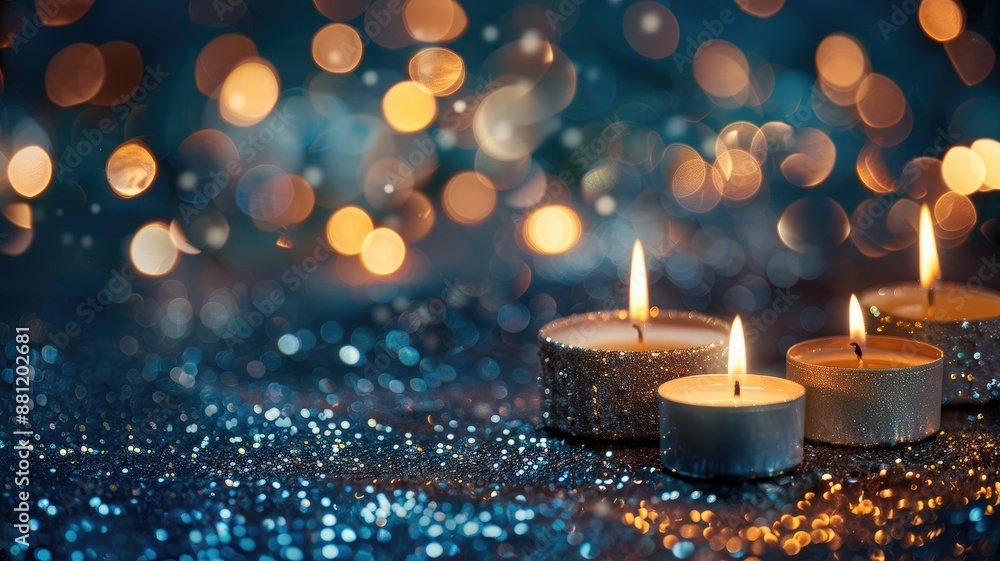 Three lit candles on sparkling, glitter-covered surface with blurred lights in background Three lit candles on sparkling, glitter-covered surface with blurred lights in background