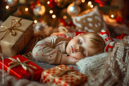 Sleeping blond infant cuddles soft blanket and dreams of comfort. Tranquil infant boy blond hair rests quietly dream filled peace. Depiction of innocence and peace found child sleep.