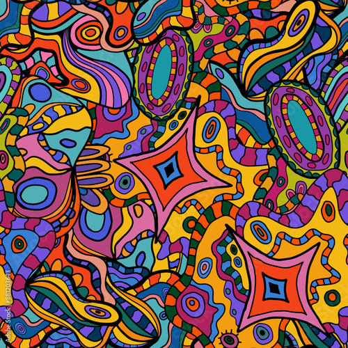 Bright crazy doodle sketch seamless pattern. Background with messy ink art with different shapes, curls. Fantasy texture, textile, wrapping paper, fabric.