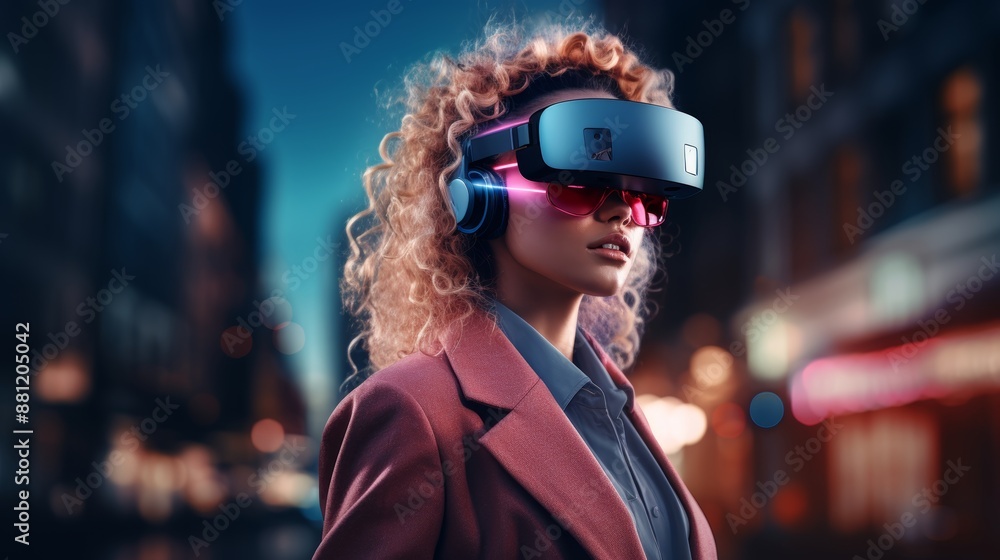 Young european businesswoman in vr glasses on city background metaverse and virtual reality concept Young european businesswoman in vr glasses on city background metaverse and virtual reality concept