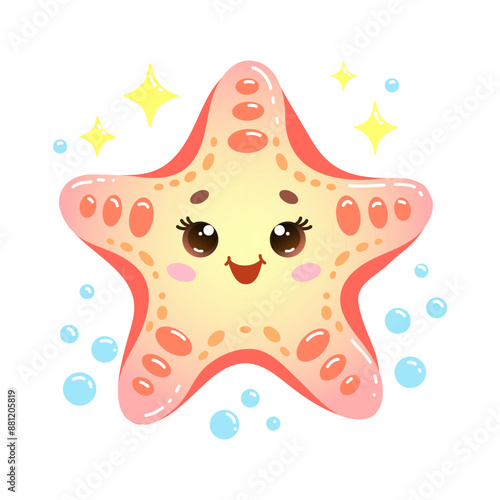 Vector Illustration of happy cartoon starfish with a friendly smile, surrounded by bubbles and sparkling stars 