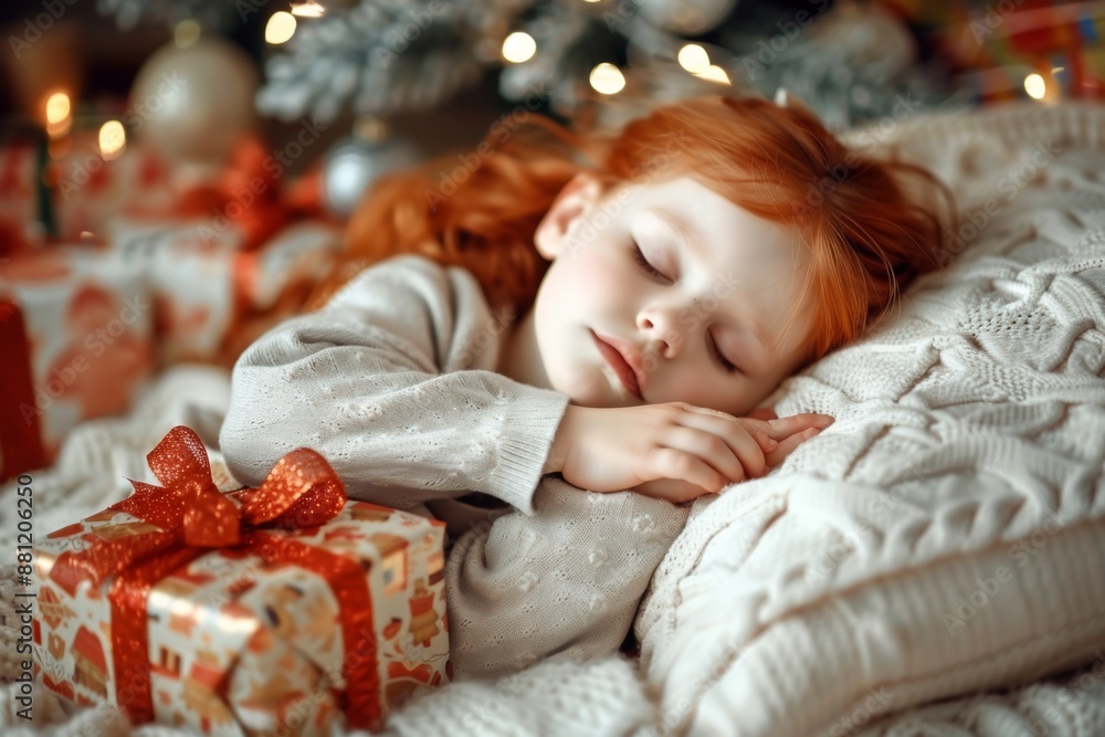 Natural innocence of white light frames redhead child bed. Tender redhead girl light smile sleeps peacefully framed white linen. Tenderness and quiet moments symbols of serene family life. Natural innocence of white light frames redhead child bed. Tender redhead girl light smile sleeps peacefully framed white linen. Tenderness and quiet moments symbols of serene family life.