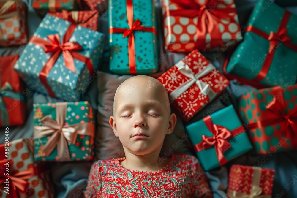 Small bald girl dreams serene and quiet environment. Sleeping child finds comfort her soft and gentle bed. Photograph suggests sanctuary where imagination shelters innocent mind. Small bald girl dreams serene and quiet environment. Sleeping child finds comfort her soft and gentle bed. Photograph suggests sanctuary where imagination shelters innocent mind.