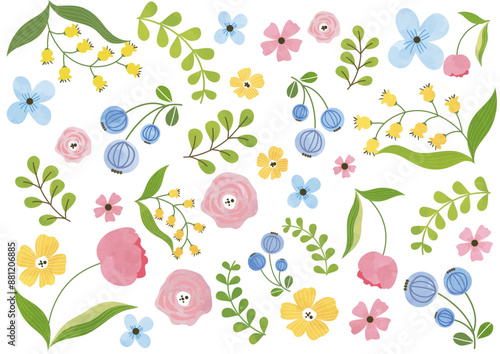 手描き北欧風の淡い水彩がお洒落馬優しいパステルカラーのボタニカルな花と植物のイラストセット
