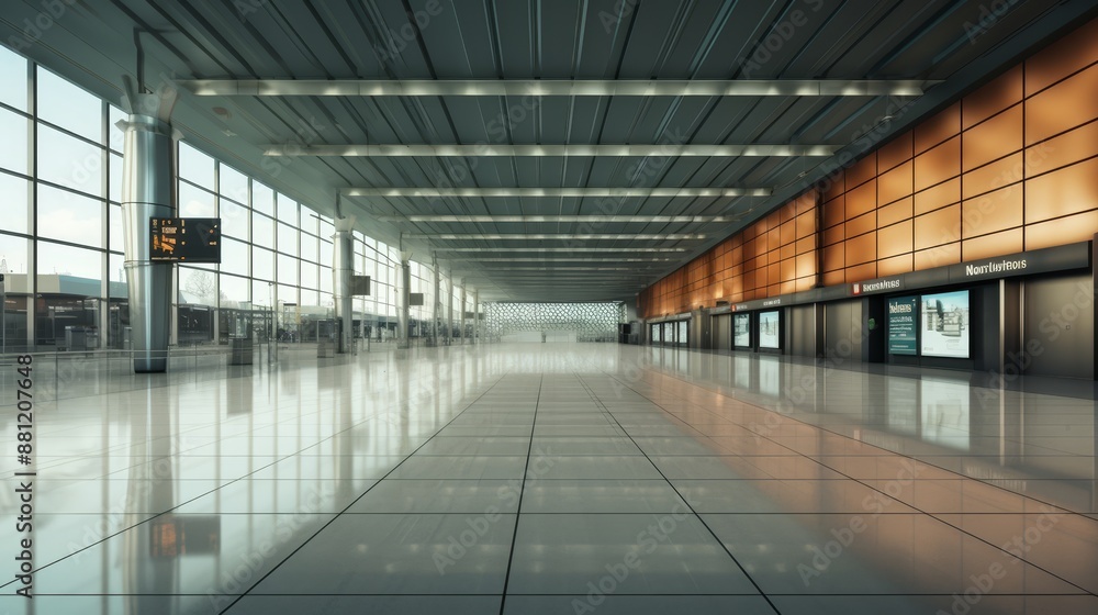 Modern airport billboard on reflective floor amidst busy terminal, travel advertising concept Modern airport billboard on reflective floor amidst busy terminal, travel advertising concept