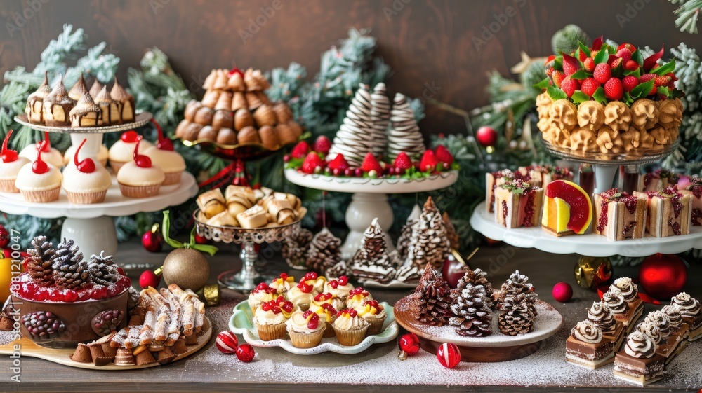 Fototapeta premium Festive dessert table with cakes, pastries, and holiday decorations