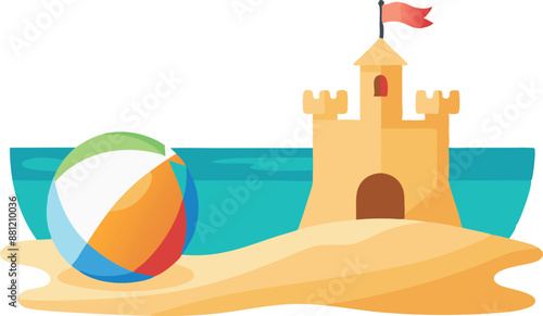 Beach scene with toys and a sandcastle