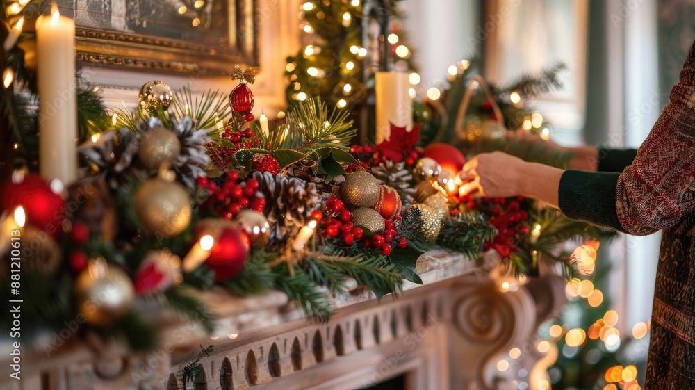 Person decorating festive holiday mantelpiece with lights and ornaments Person decorating festive holiday mantelpiece with lights and ornaments
