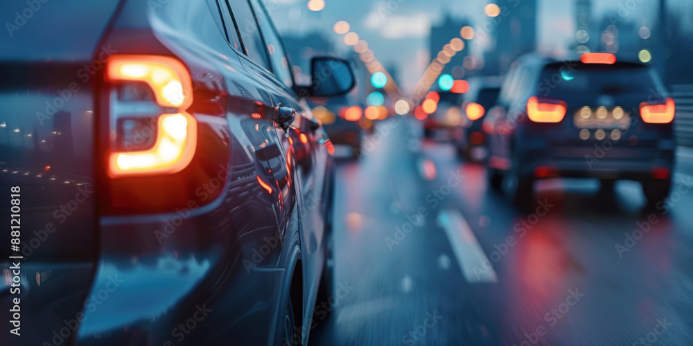 Close-up of cars in evening traffic on a wet road, with blurred lights creating a bokeh effect in the background.
