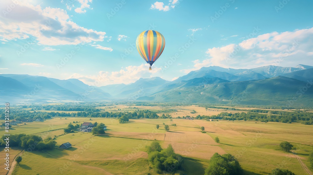 Naklejka premium Colorful hot air balloon flying over beautiful landscape with mountains