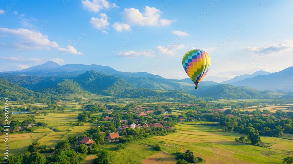 Naklejka premium Colorful hot air balloon flying over beautiful green rice fields and mountains