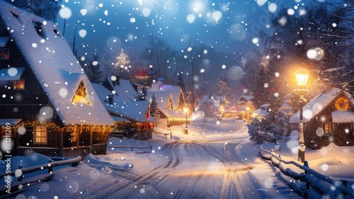 Wallpaper Mural Snow-covered village at night with festive lights and snowfall Torontodigital.ca