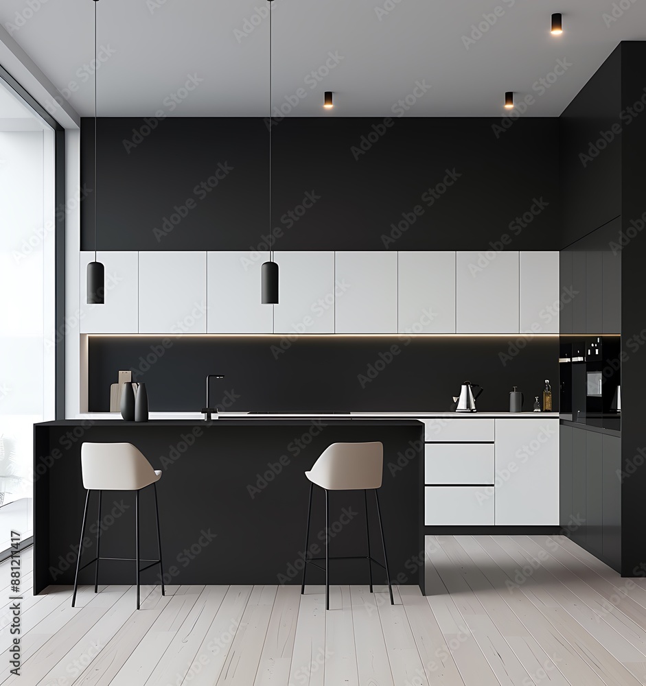 Modern minimalistic kitchen interior with white cabinets and black wall, white modern minimalist open space interior design of small apartment or house, front view, mockup, 3d rendering Modern minimalistic kitchen interior with white cabinets and black wall, white modern minimalist open space interior design of small apartment or house, front view, mockup, 3d rendering