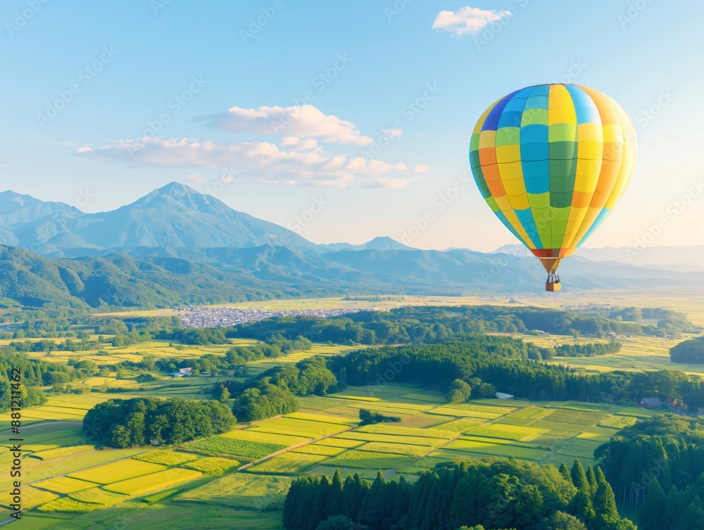 Naklejka premium Colorful hot air balloon flying over beautiful landscape with rice paddy field and mountain