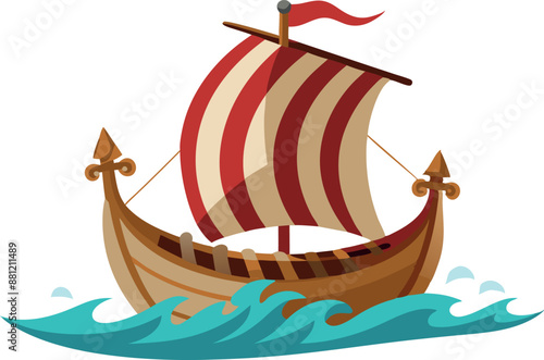 Viking ship with red sails on the water