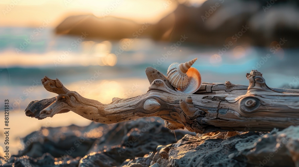 Driftwood and seashell decoration swaying in the wind with a blurry backdrop Driftwood and seashell decoration swaying in the wind with a blurry backdrop