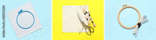 Collage of embroidery supplies on blue and yellow backgrounds, top view photo