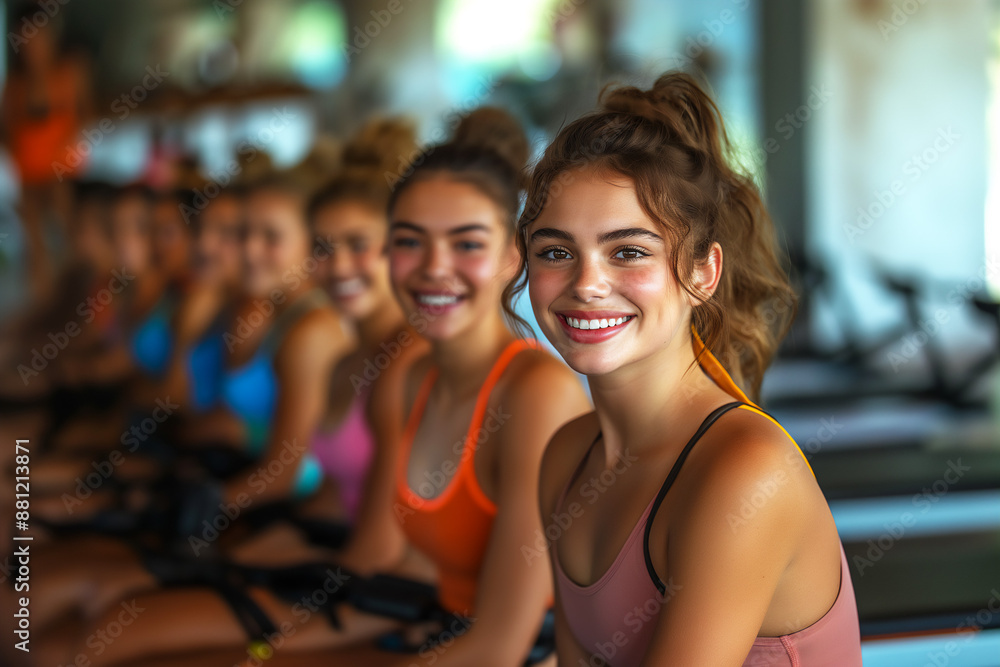 young athletic woman in a Pilates studio, fitness class using reformer machines, copy space young athletic woman in a Pilates studio, fitness class using reformer machines, copy space