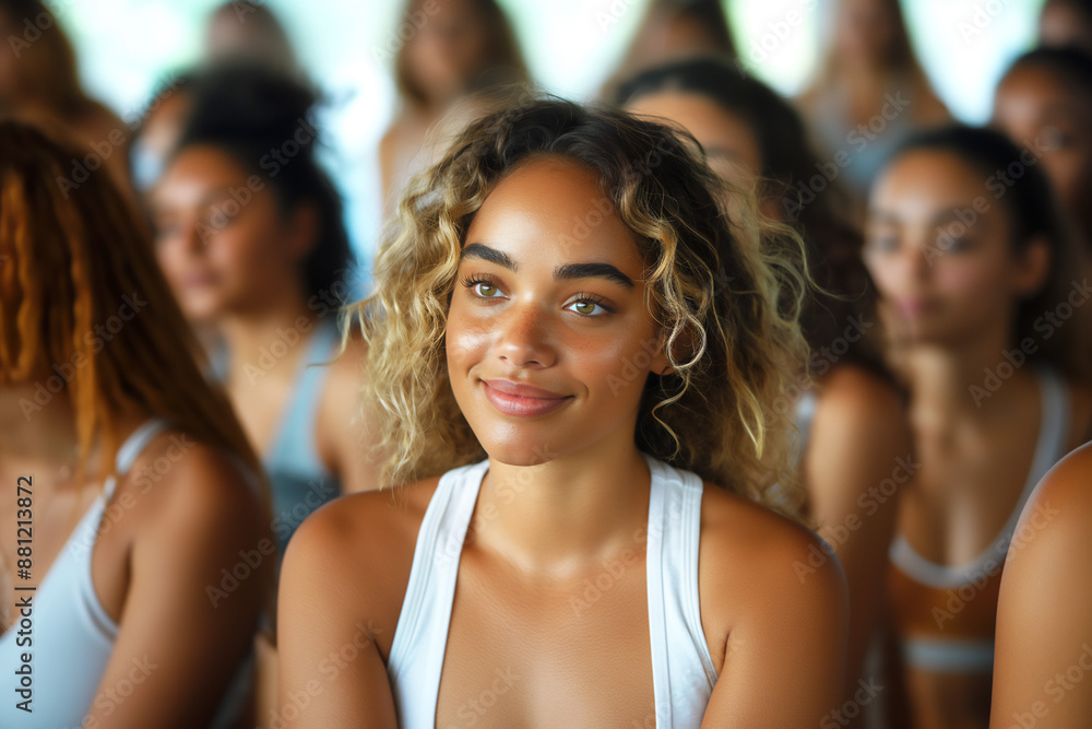 Young athletic and fit woman waiting for Pilates class to start, fitness center, copy space Young athletic and fit woman waiting for Pilates class to start, fitness center, copy space
