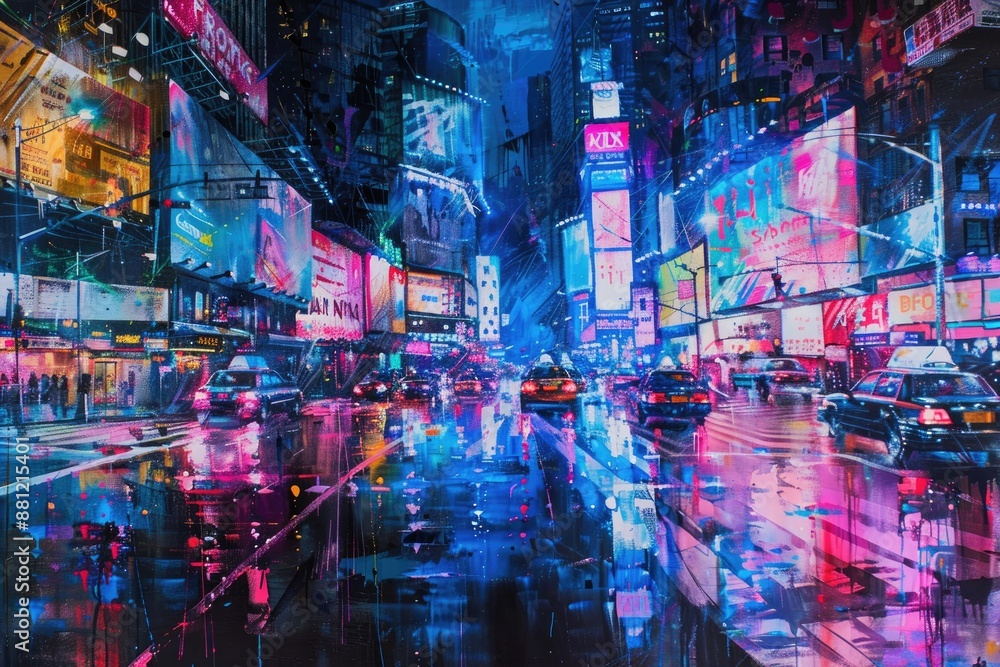 Naklejka premium An acrylic neon painting of a bustling cityscape at night, with skyscrapers and neon signs reflecting off wet streets. 