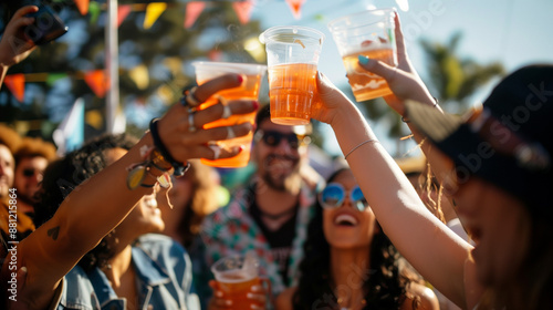 Group of excited friends raising plastic cups in a toast at an outdoor music festival